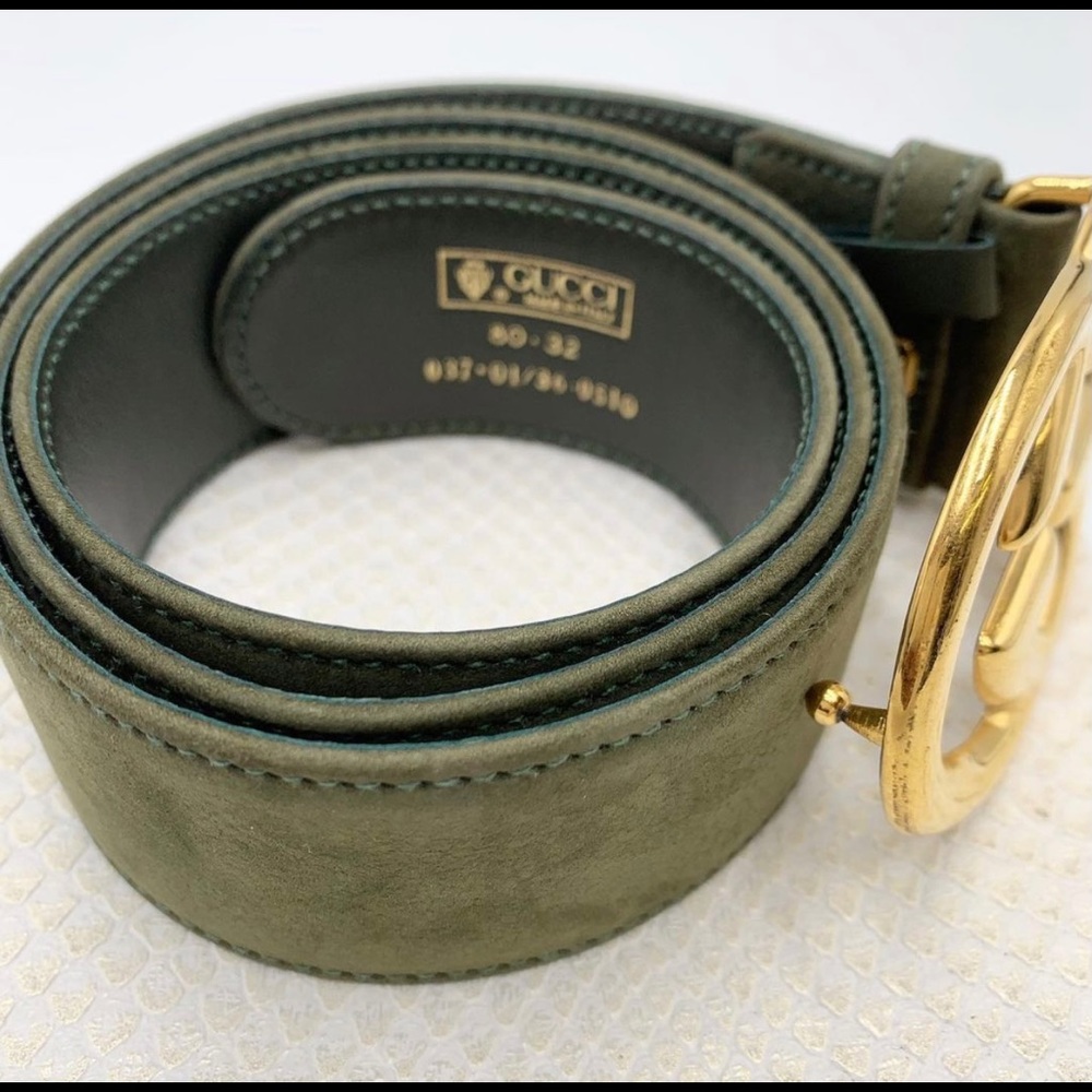 Gucci Logo Belt,green suede belt with GG gold